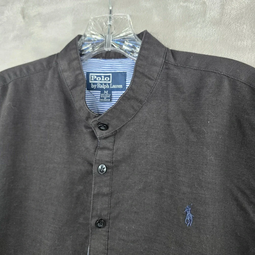 Polo Ralph Lauren Popover Shirt Mens M Black Linen Cotton Band Collar Long Slev